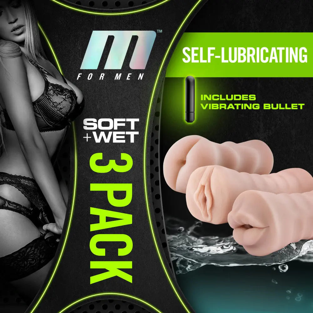M for Men - 3-Pack Self-Lubricating Vibrating Stroker Sleeve Kit - Vanilla – body-safe materials | Fu'Cha Exotics