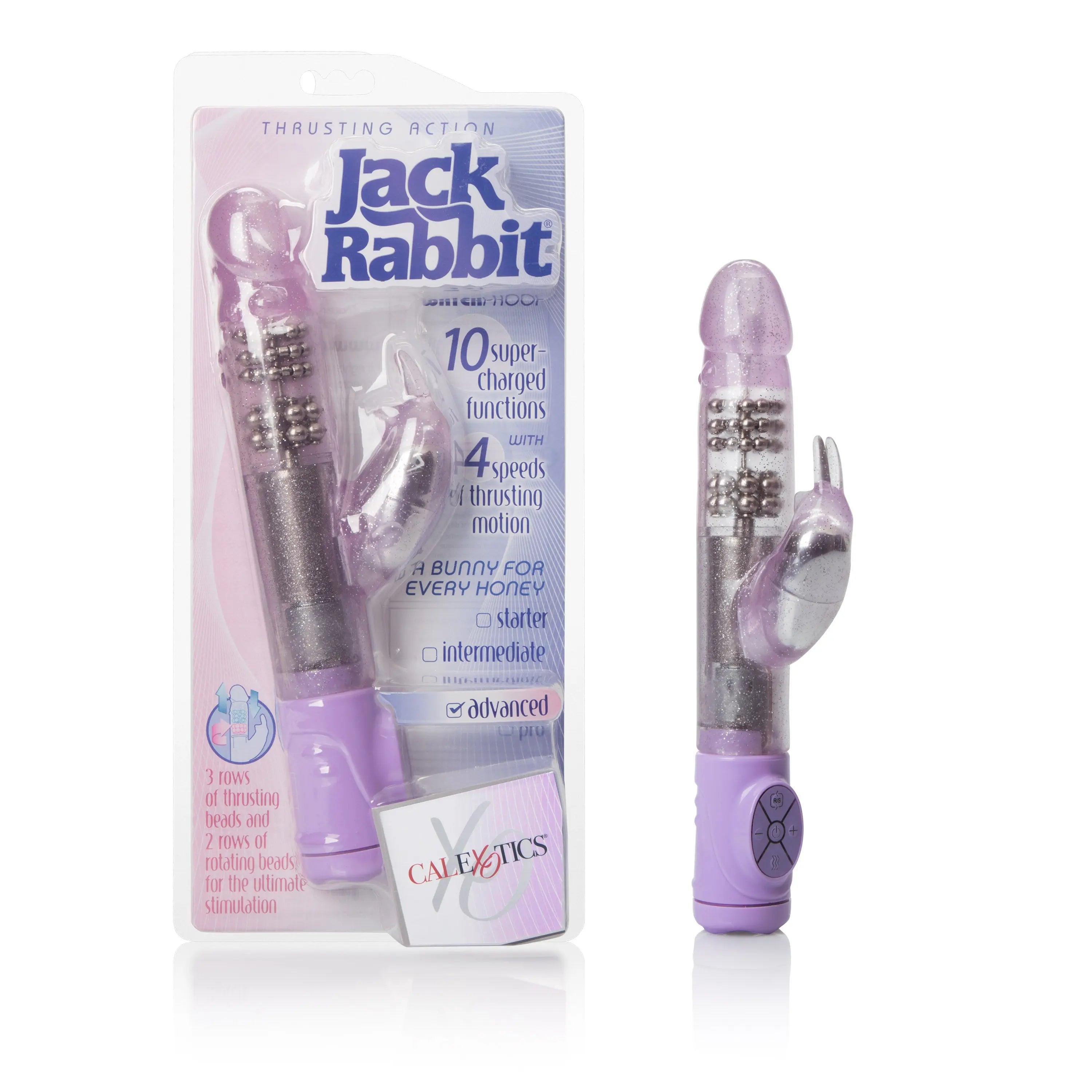 Thrusting rabbit vibrator with multi-speed settings, in purple and silver.