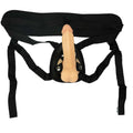Black universal harness with flesh-colored cock attachment, crisscross straps