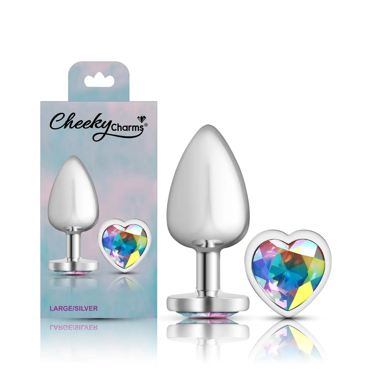 Clear Iridescent Heart Gem Silver Metal Plug - Lg – body-safe materials | Fu'Cha Exotics