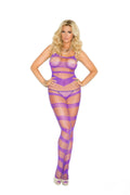 Purple strappy body stocking with open-knit striped pattern
