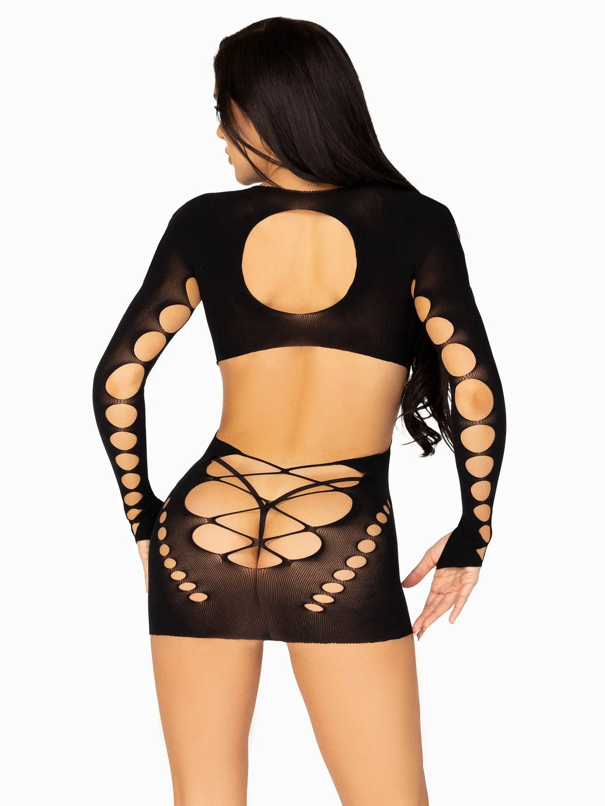 Seamless Cut Out Long Sleeve Mini Dress With Faux Lace Up Detail - One Size - Black – body-safe materials | Fu'Cha Exotics