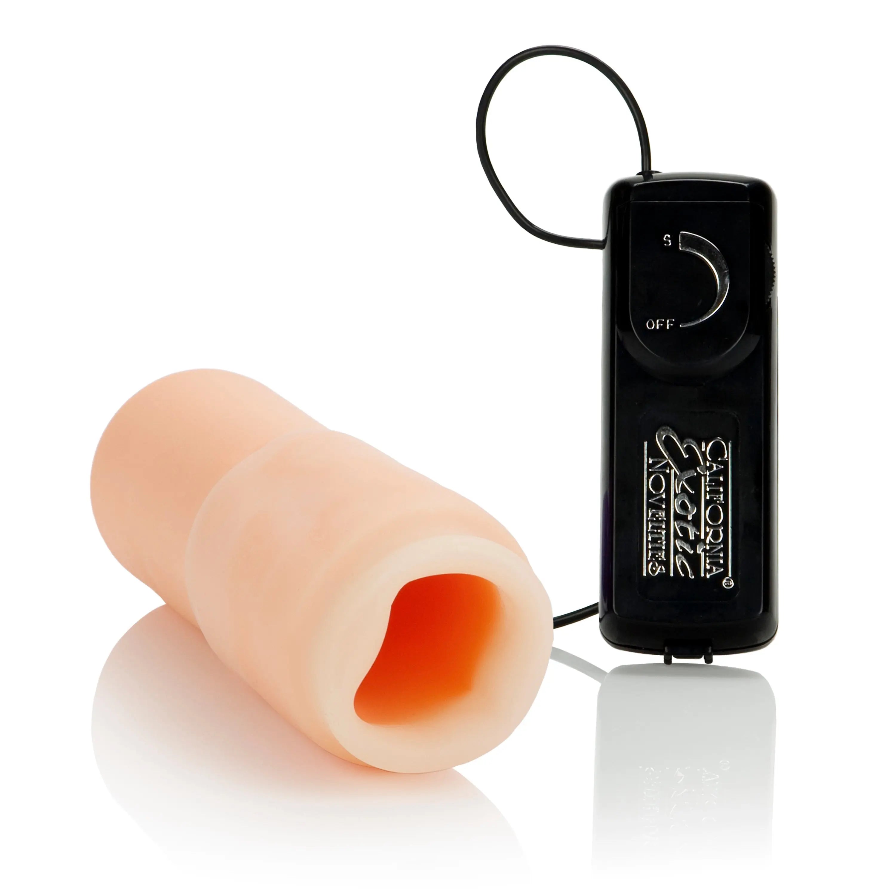 Vibrating oral stimulator device with black control dial and cord, plus soft insert