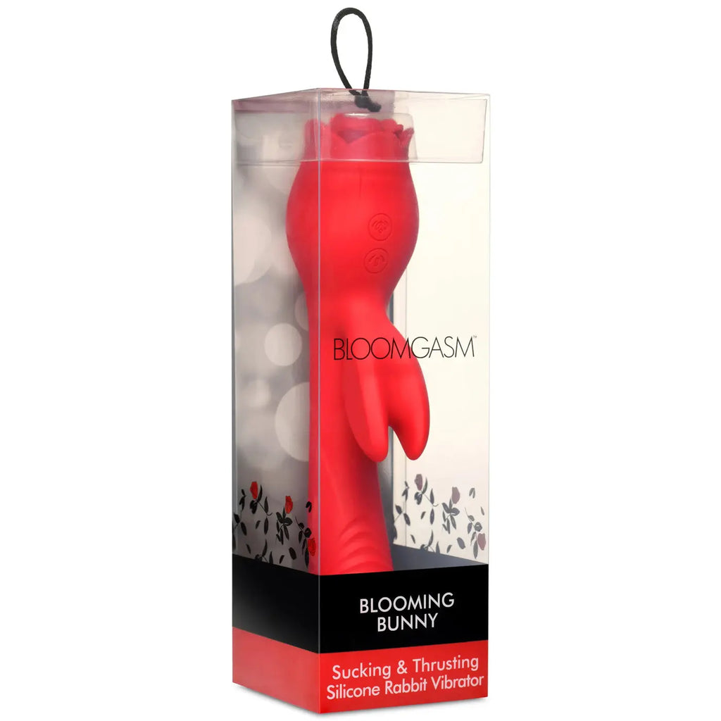 Blooming Bunny Sucking and Thrusting Silicone Rabbit Vibrator - Red – body-safe silicone thrusting action | Fu'Cha Exotics