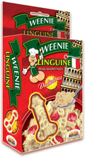 Penis-shaped linguine pasta box with Weenie Linguine branding and red graphics