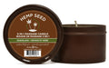 Massage candle in dark brown jar with lid showing hemp seed label