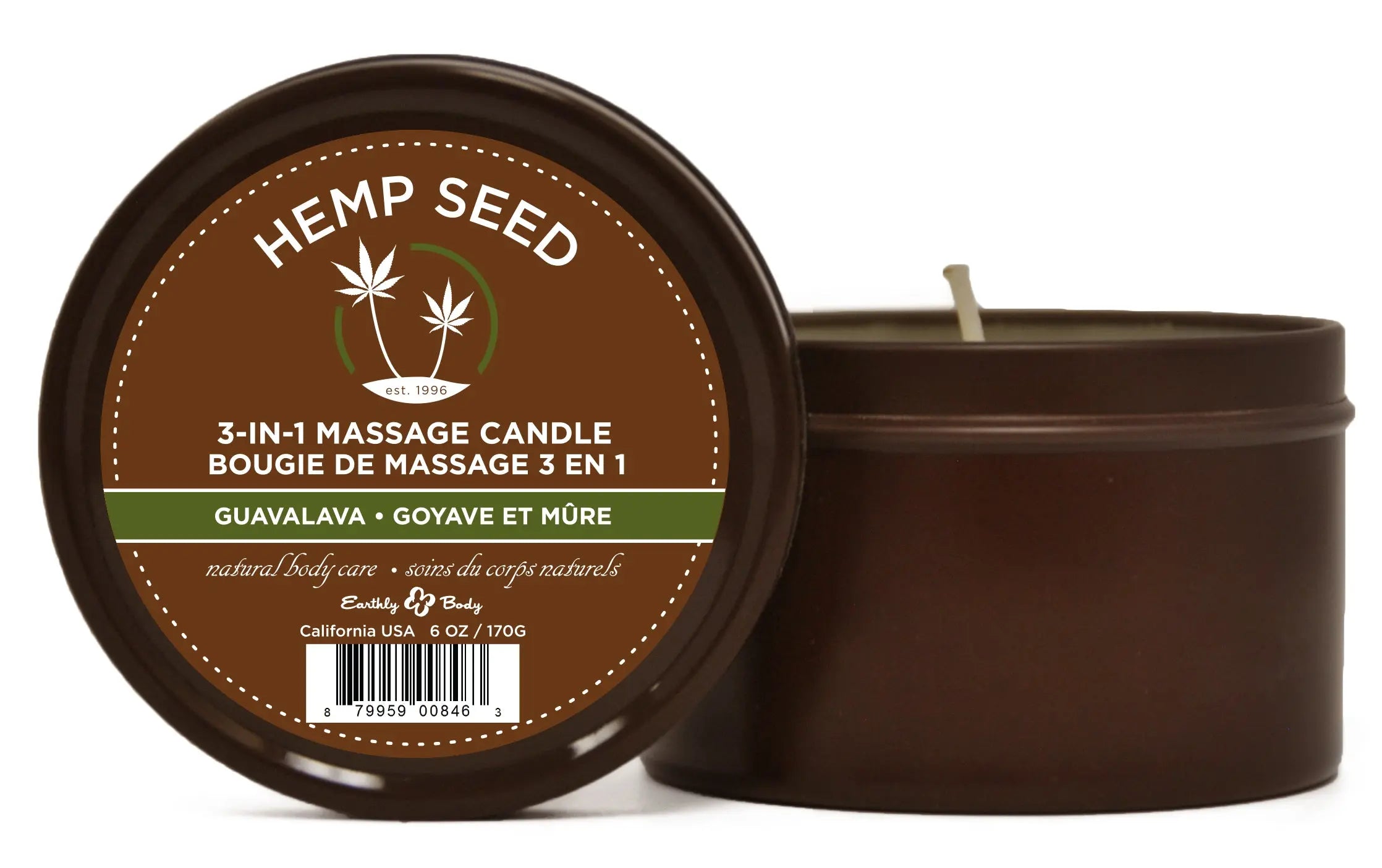 Massage candle in dark brown jar with lid showing hemp seed label