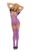 Purple sheer stripe suspender bodystocking with garter panels and leg openings