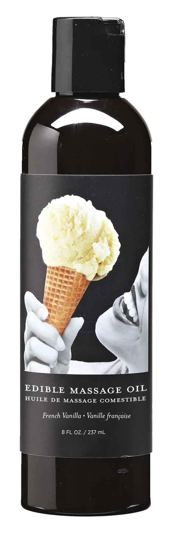 Edible massage oil bottle with vanilla label and ice cream cone graphic