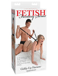 Black giddy-up harness with multiple straps and thigh bands