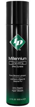 Silicone lubricant bottle with black cap and green Millennium label