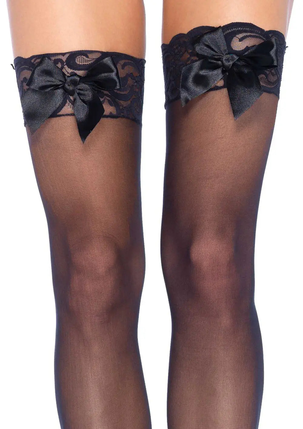 Sheer Lace Top Thigh Highs With Satin Bow Accent - One Size - Black – soft-satin | Fu'Cha Exotics