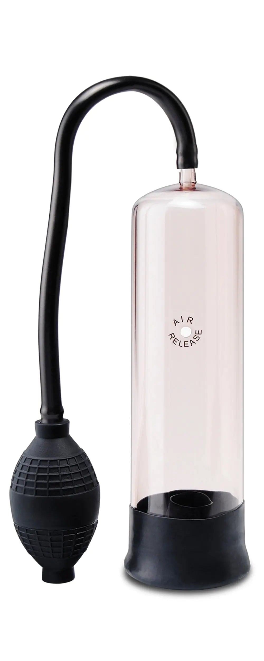 Black air pump with flexible hose and clear cylinder body with black base