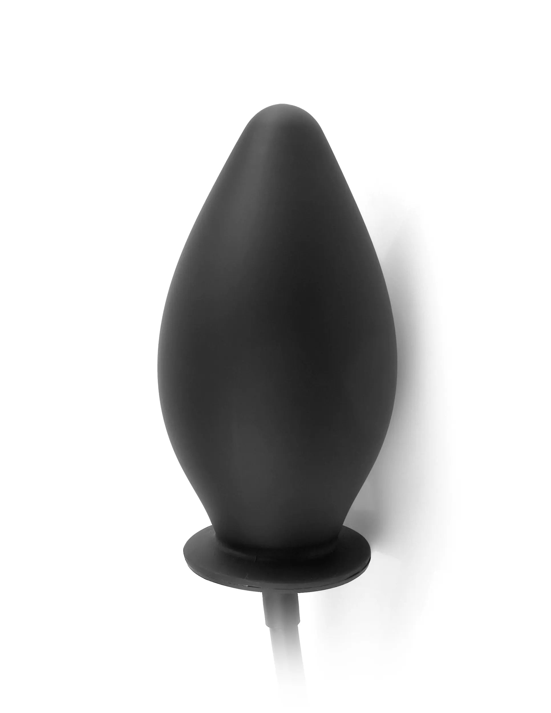 Black inflatable silicone anal plug, teardrop shape with base stem