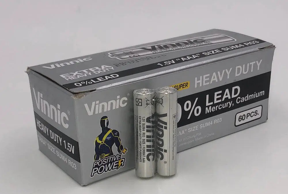 Vinnic Extra Heavy Duty AAA Batteries - 2 Pc./ Shrink Pk. - 60 Pcs. Box – body-safe materials | Fu'Cha Exotics