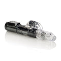 Black thrusting sex toy with clear front tip and ridged grip