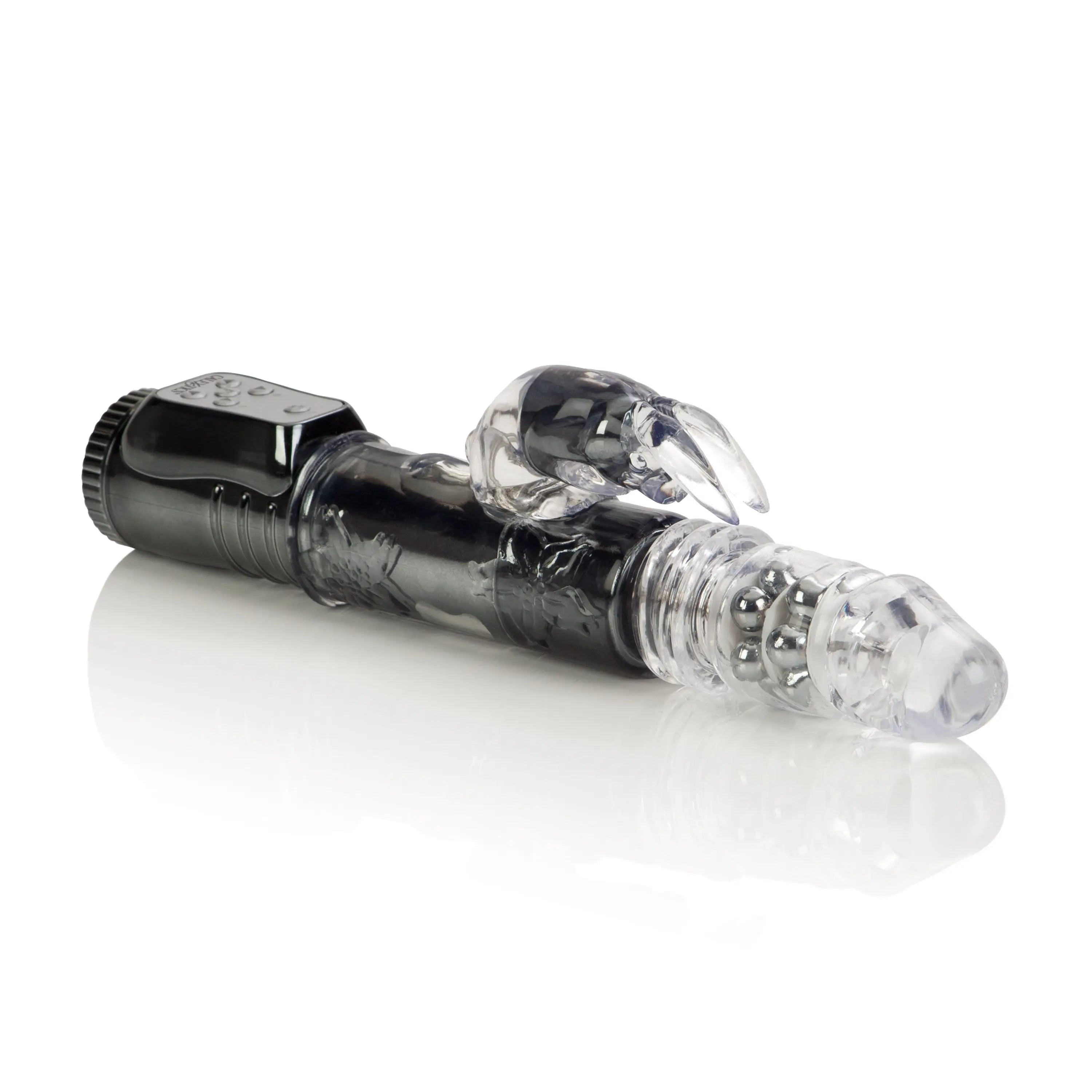 Black thrusting sex toy with clear front tip and ridged grip
