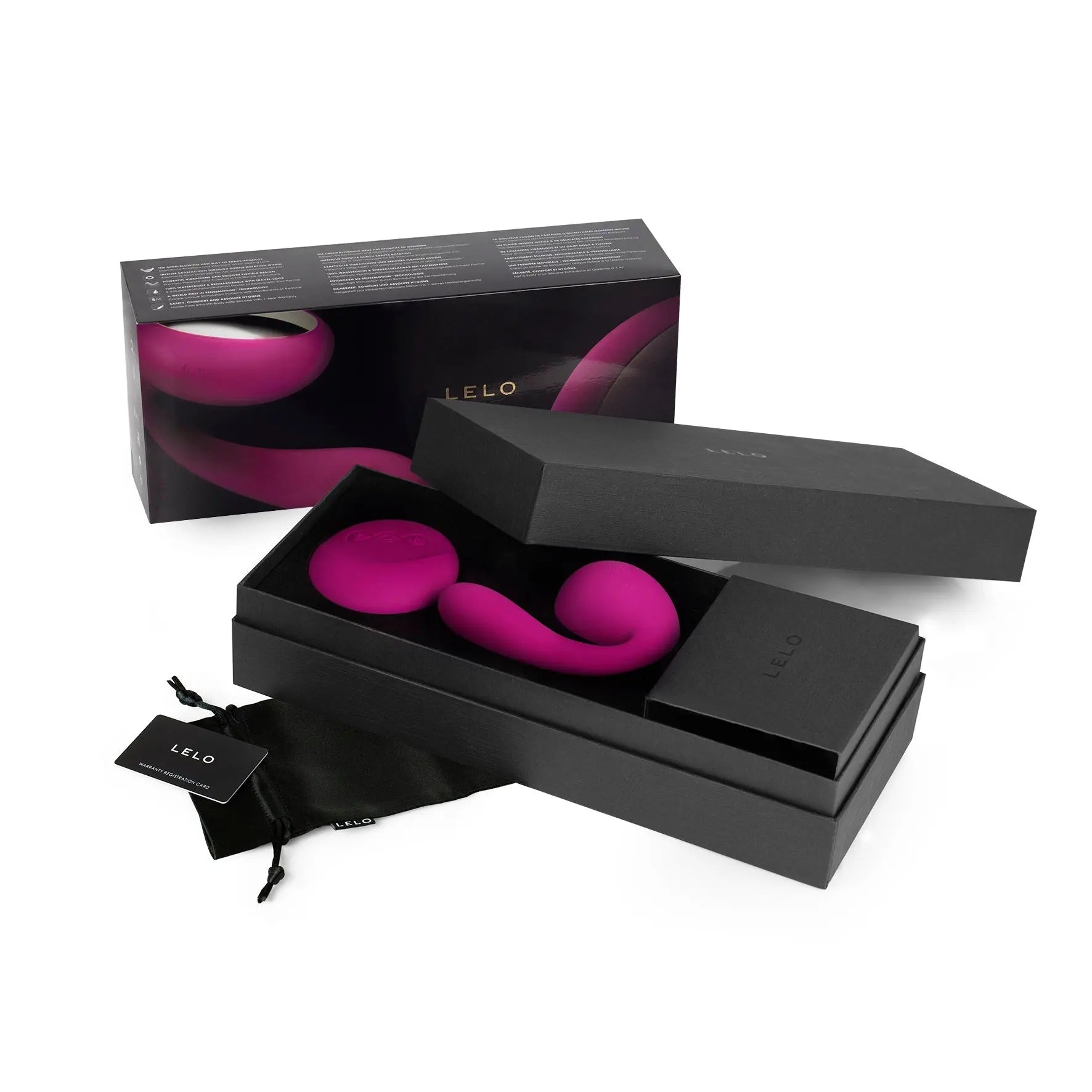 Pink silicone ball massager set in black gift box with drawstring pouch