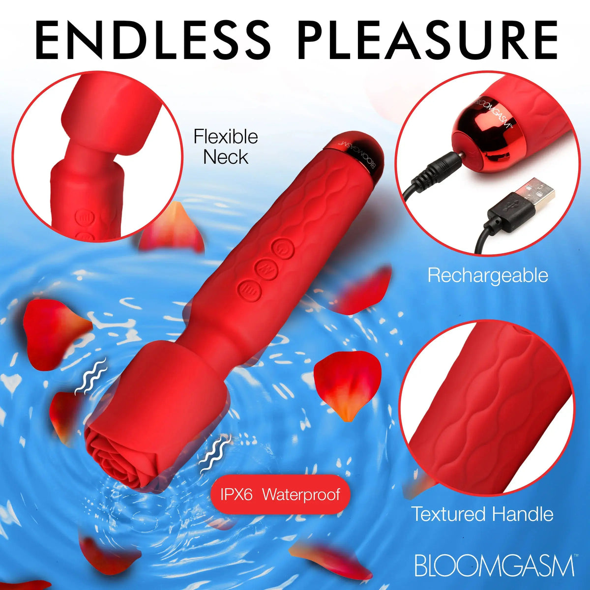 Pleasure Rose 10x Silicone Wand With Rose Attachment - Red – body-safe materials | Fu'Cha Exotics