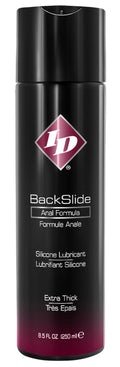 Silicone lubricant bottle with Backslide label, black with magenta emblem
