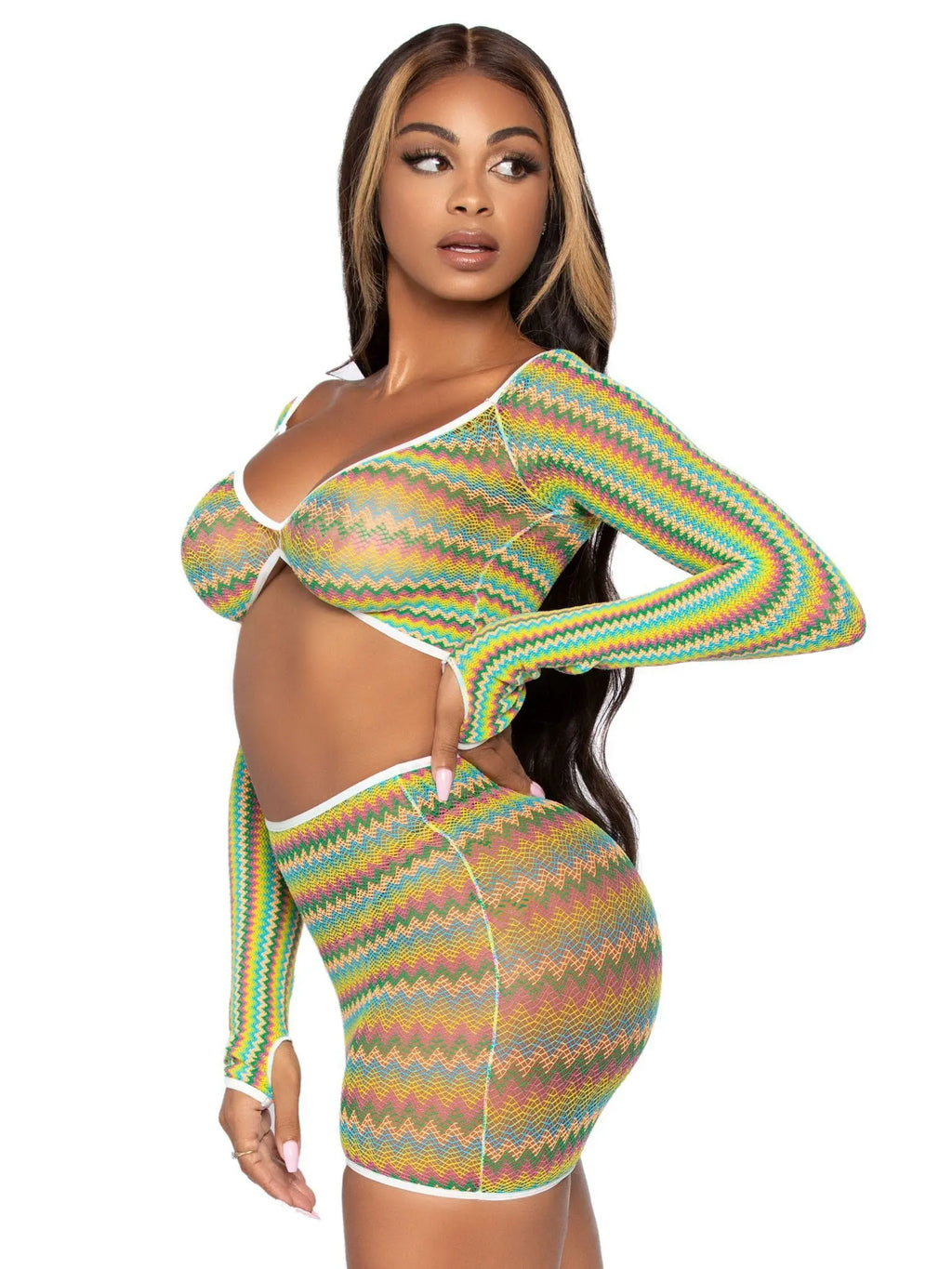 2 Pc Zig Zag Net Crop Top and Mini Dress - One Size - Green – nylon | Fu'Cha Exotics