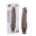 Brown 9-inch vibrating dildo with ribbed, curved design and textured tip