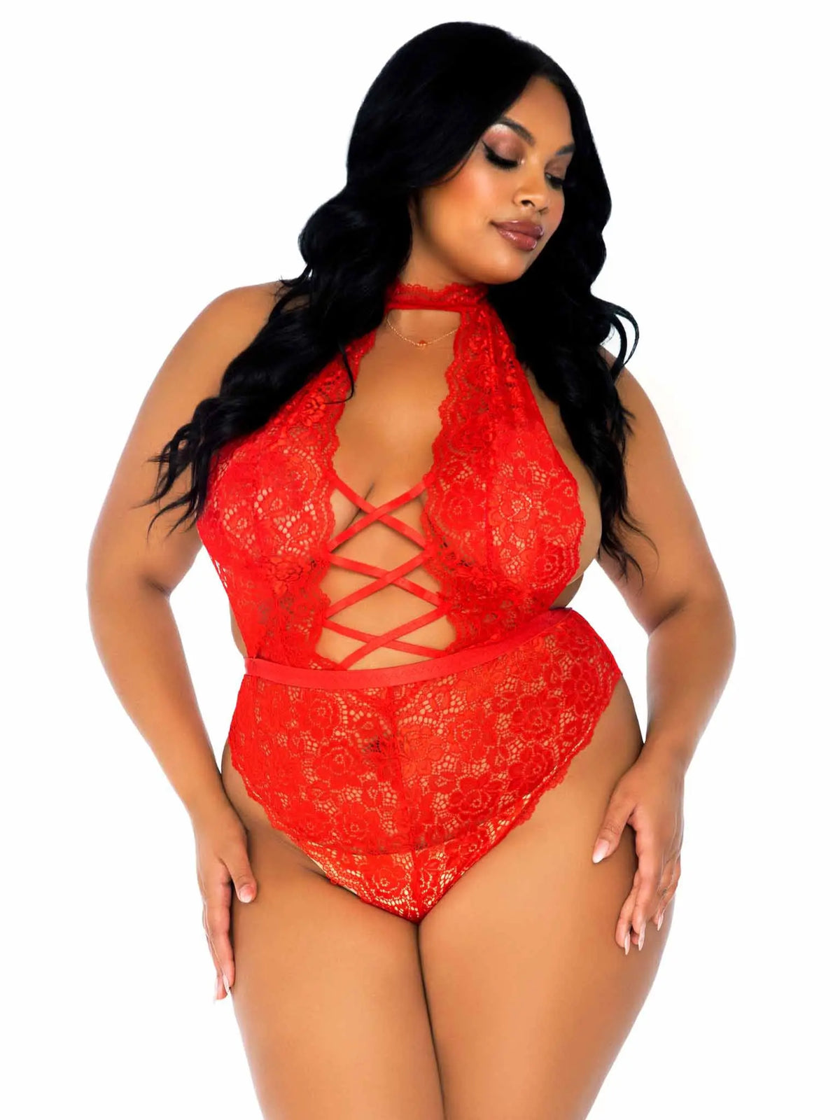 Floral Lace Crotchless Teddy - 1x/2x - Red – body-safe materials | Fu'Cha Exotics