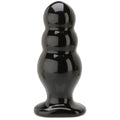 Glossy black curved anal plug with flared base and rounded tip