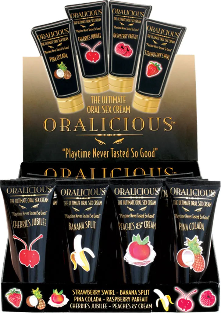 Oralicious 24-piece display of oral cream tubes, assorted flavors, black and gold