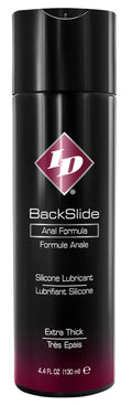 Silicone lubricant bottle, black, with Backslide diamond logo and text label, 4.4 fl oz