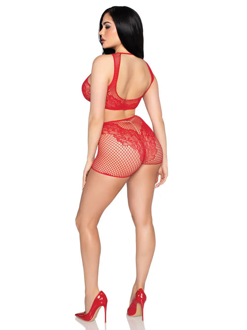 2 Pc Net and Lace Crop Top and Matching Boy Shorts - Os - Red – body-safe materials | Fu'Cha Exotics