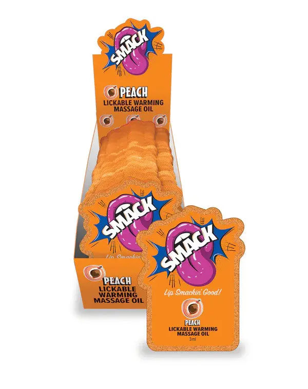 Smack Lickable Massage Oil, 3ml Pouch Display 36pc -Peach – body-safe materials | Fu'Cha Exotics