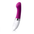 Deep rose handheld massager with curved body and chrome base, white handle
