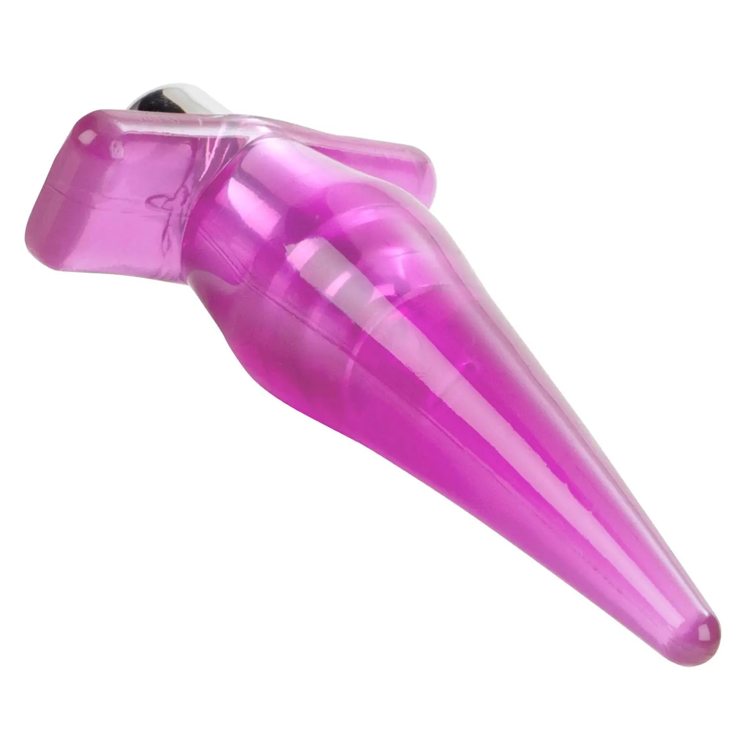Pink translucent slender vibro probe with curved base and black tip