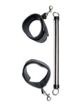 Spreader bar with black padded cuffs and silver metal bar, metal hooks