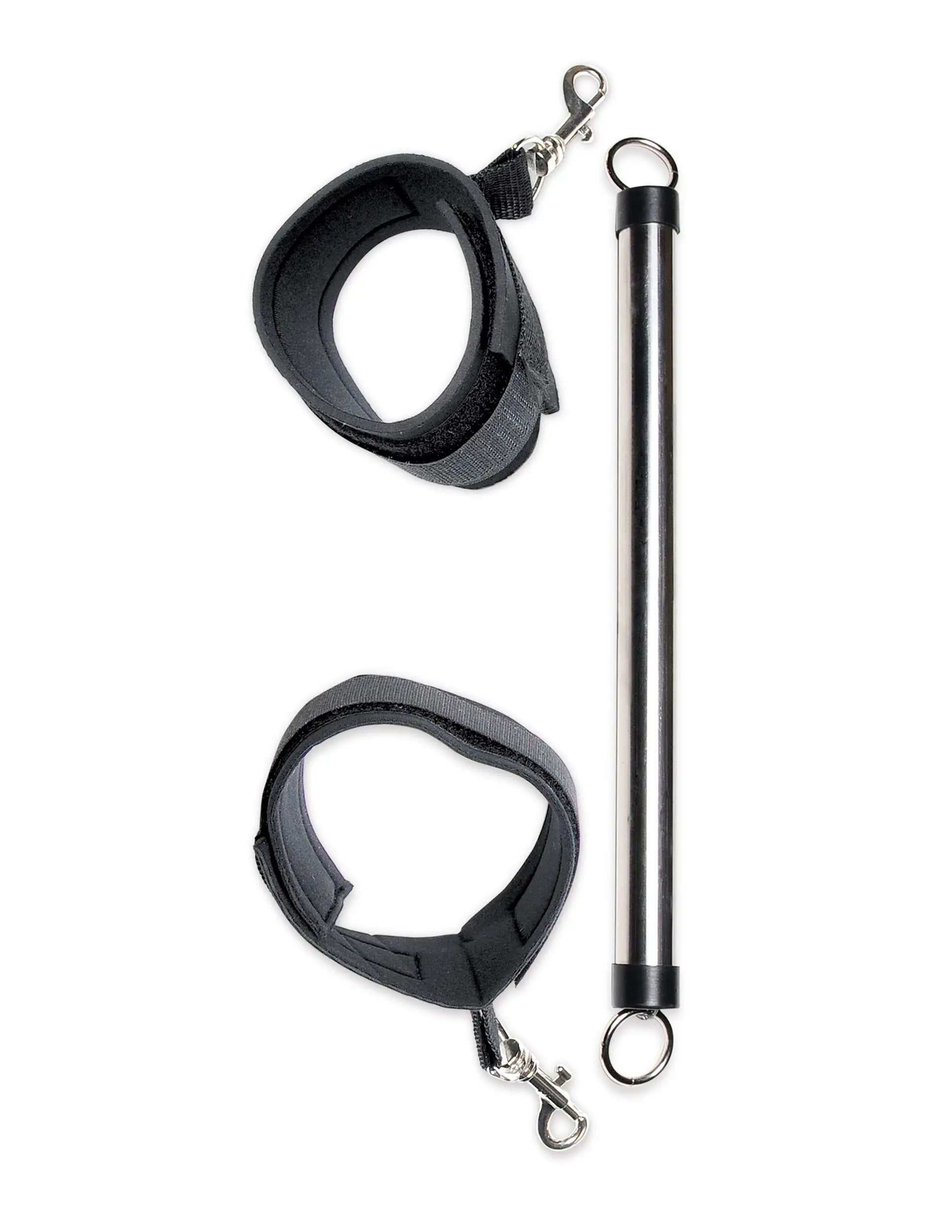 Spreader bar with black padded cuffs and silver metal bar, metal hooks