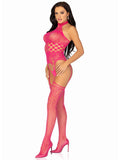 High Neck Halter Hardcore Net and Lace Suspender Bodystocking - One Size - Raspberry