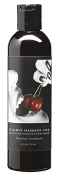 Edible massage oil bottle, dark glass with flip cap and cherry label