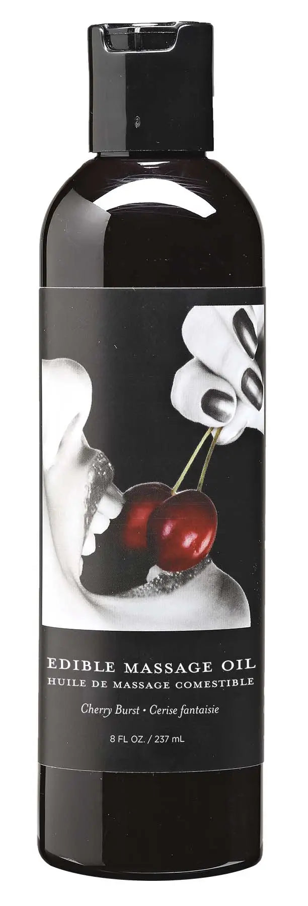 Edible massage oil bottle, dark glass with flip cap and cherry label