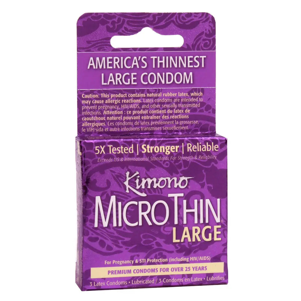 Purple Kimono MicroThin large condoms 3-pack box with handle cutout