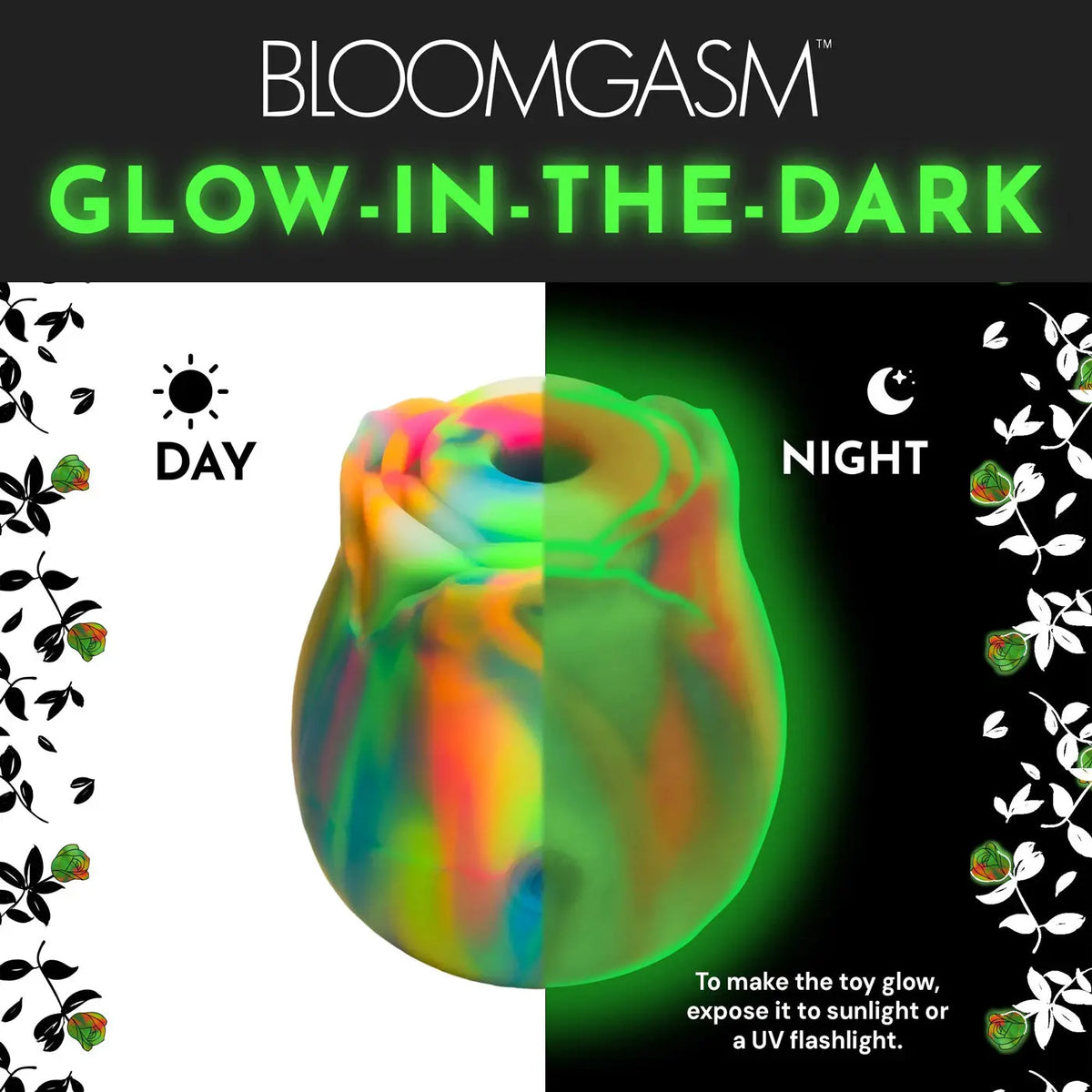 Glow Rose Glow-in-the-Dark Rose Clit Stimulator - Rainbow – body-safe materials | Fu'Cha Exotics