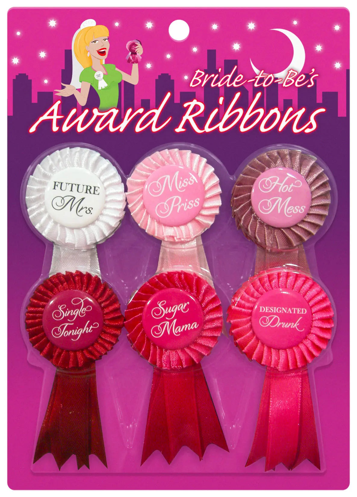 Bride-to-Be award ribbon set, rosette badges with pink and red tails