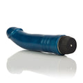 Blue G-spot vibrator with ribbed end cap and curved handle, 6.75 in