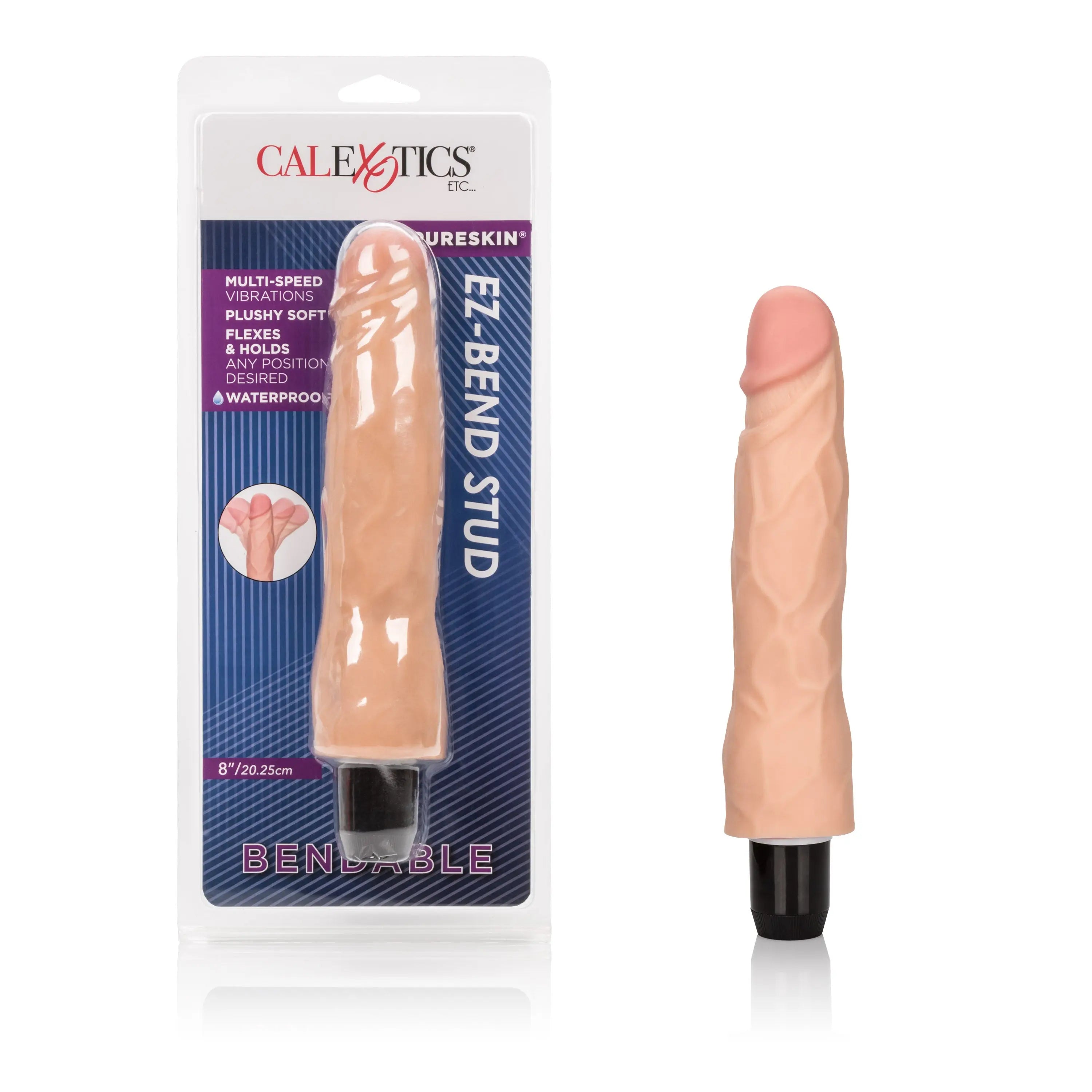 Realistic 8 in dildo with ridged base, peach skin tone, flexible for use.