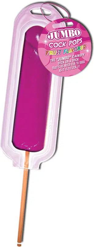 Jumbo Cock Pops cherry-flavored lollipop in purple and white wrapper
