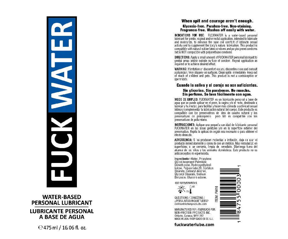 Fuck Water Water-Based Lubricant - 16 Fl. Oz. – body-safe materials | Fu'Cha Exotics