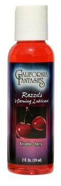 Warming lubricant bottle, Kissable Cherry scent, red liquid, white cap