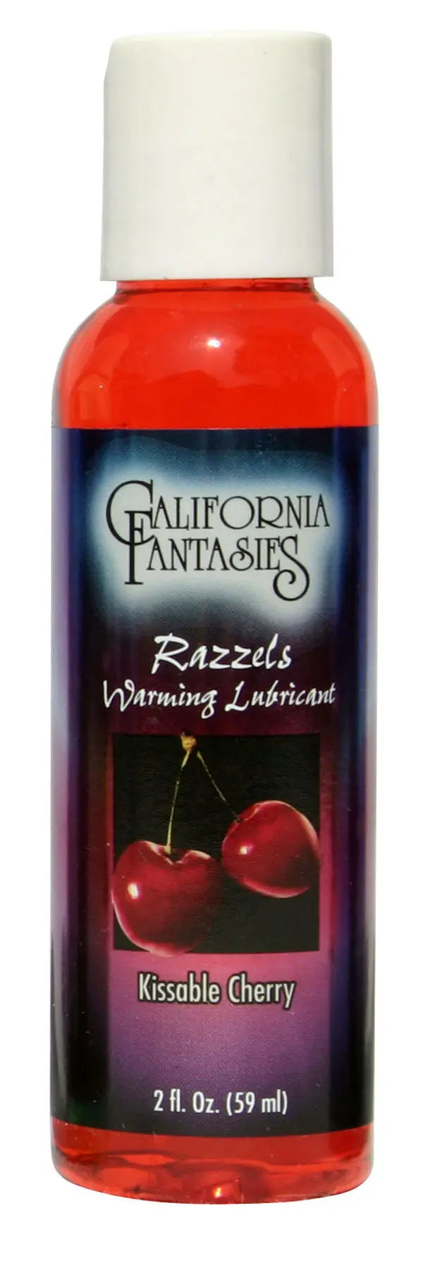 Warming lubricant bottle, Kissable Cherry scent, red liquid, white cap