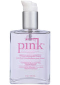 Pink silicone lubricant bottle, 4 oz, clear glass with pink label and white pump