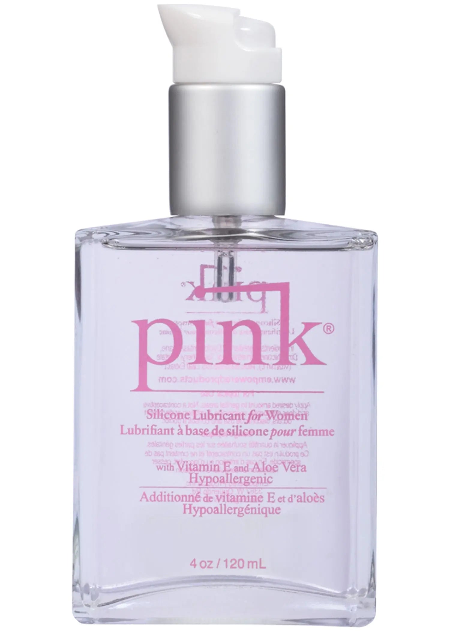 Pink silicone lubricant bottle, 4 oz, clear glass with pink label and white pump